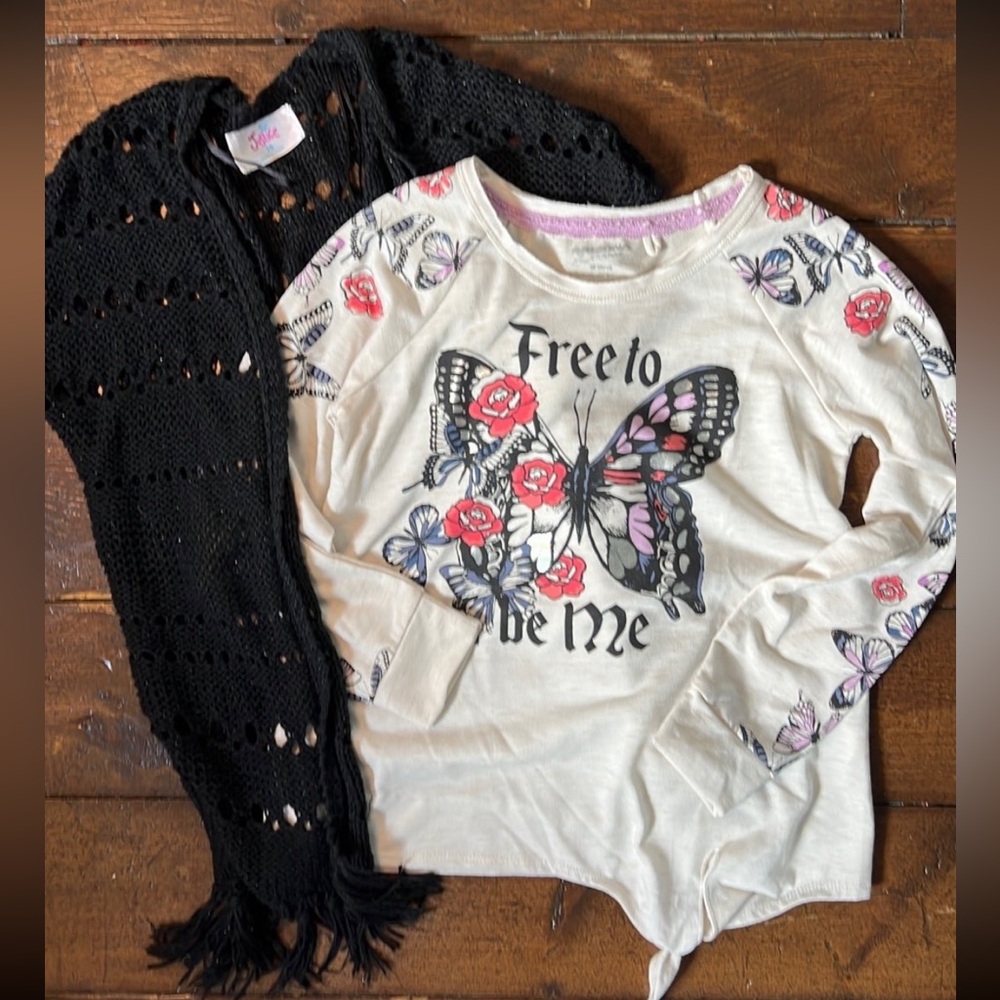 Justice fringe sweater with Arizona butterfly top